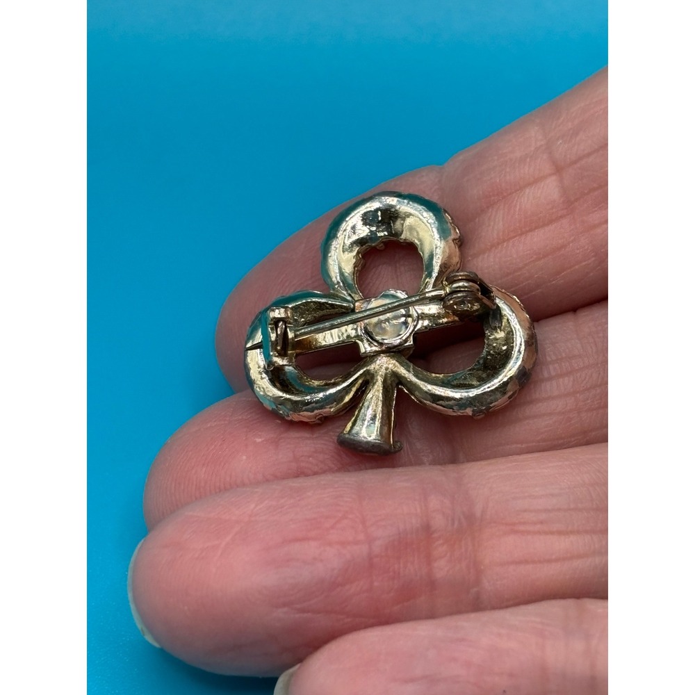Vintage Green Clover Pin Brooch Rhinestone Lucky Charm READ - Picture 8 of 8